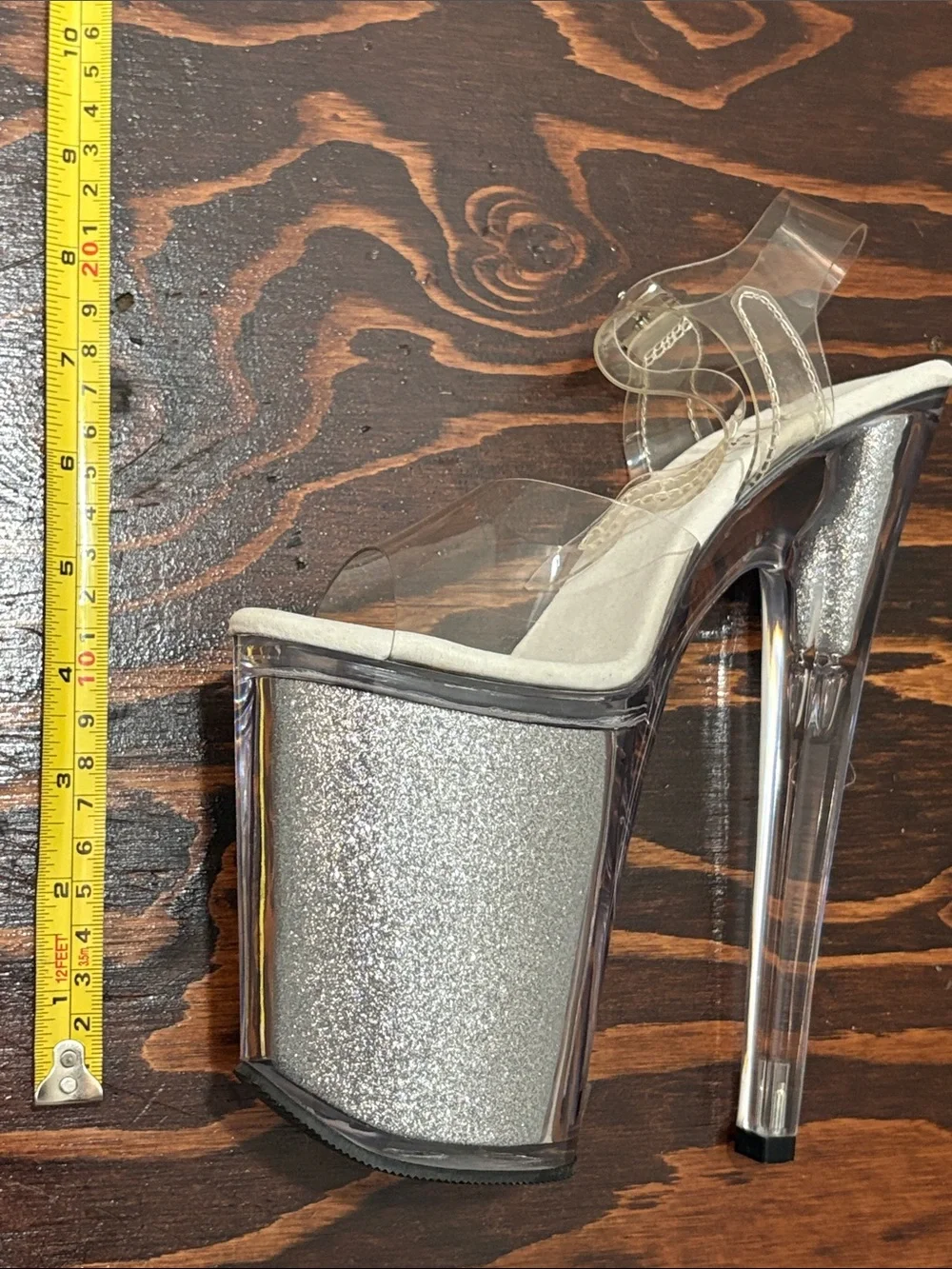 Pleasers 8” Clear Strap Silver Glitter Platform Heels
